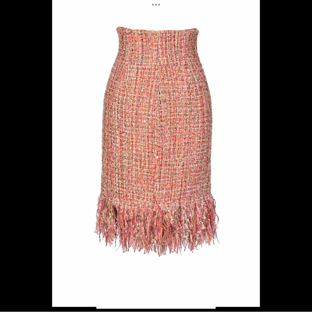 Pink Metallic Tweed Fringe Pencil Skirt Parisian Statement